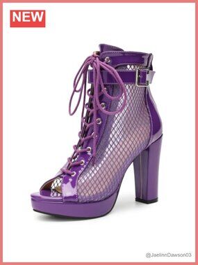 Open Toe Platform Ankle Booties Lace Up Fishnet Mesh Chunky Heel